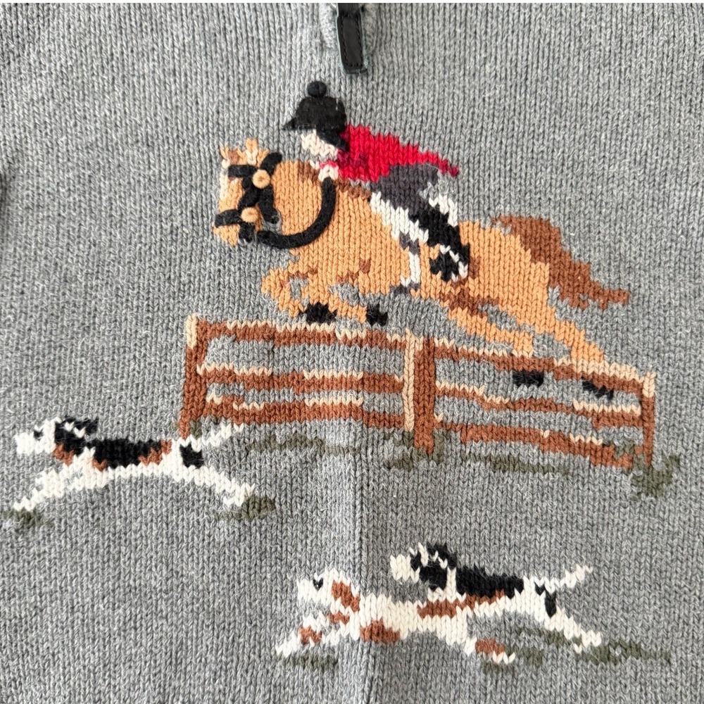 Boys 4T Preppy Equestrian Horse Jumping Hound Intarsia 1/4 Zip Cotton Sweater